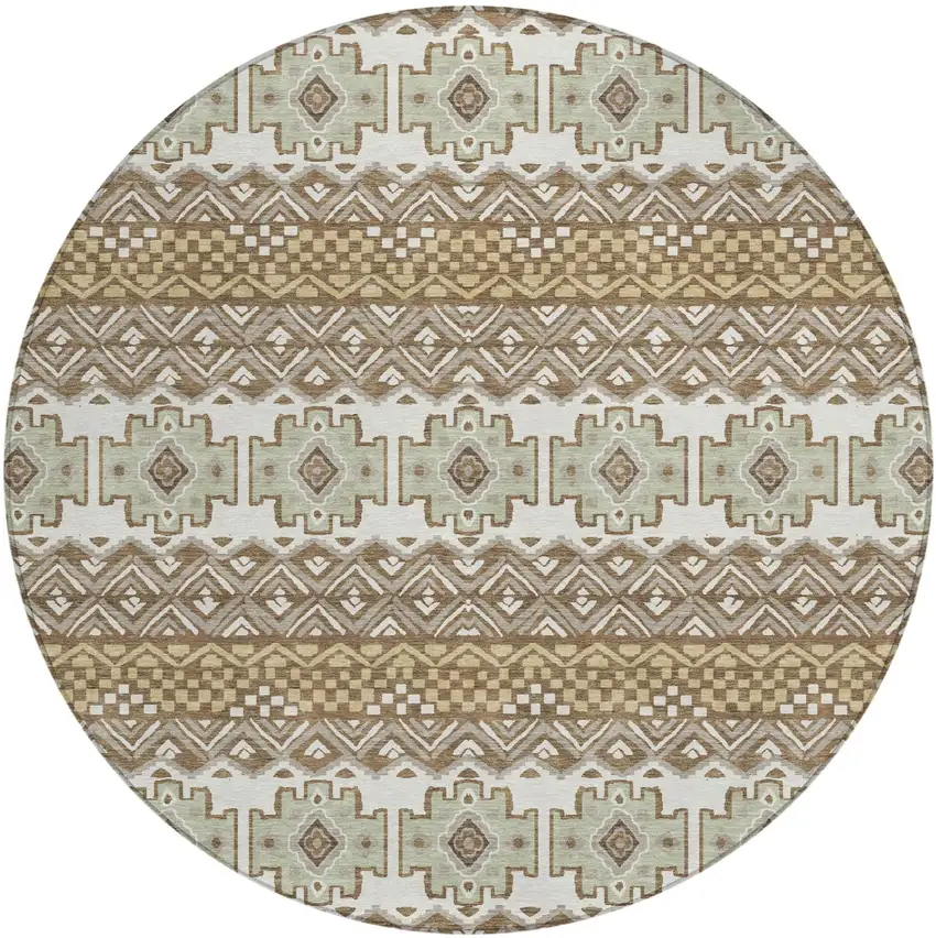 8' Brown And Khaki Round Striped Washable Indoor Outdoor Area Rug Photo 2