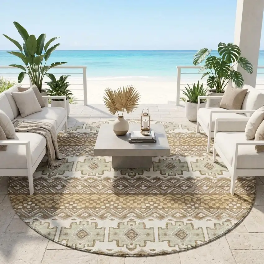 8' Brown And Khaki Round Striped Washable Indoor Outdoor Area Rug Photo 1