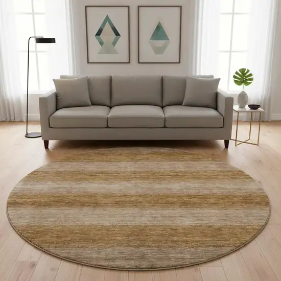 8' Brown And Khaki Striped Washable Round Rug With UV Protection Photo 2