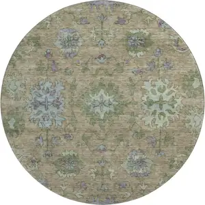 Photo of 8' Brown And Lavender Oriental Washable Round Rug With UV Protection