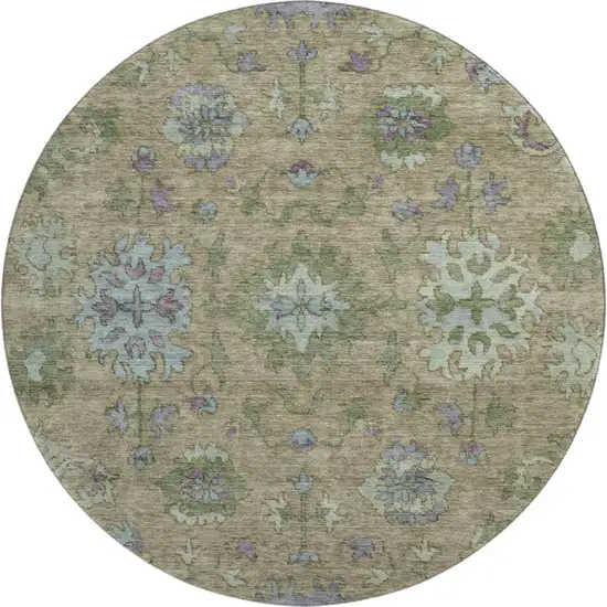 8' Brown And Lavender Oriental Washable Round Rug With UV Protection Photo 1