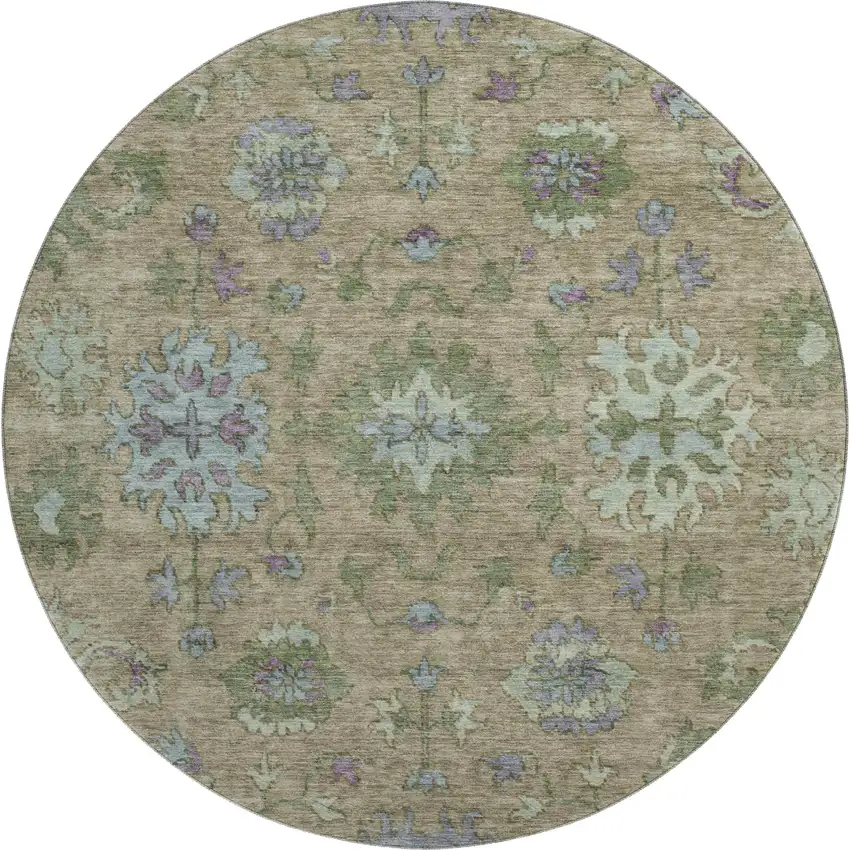 8' Brown And Lavender Oriental Washable Round Rug With UV Protection Photo 1