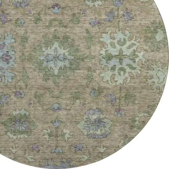 8' Brown And Lavender Oriental Washable Round Rug With UV Protection Photo 3