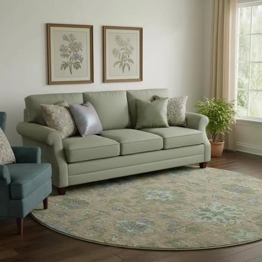 8' Brown And Lavender Oriental Washable Round Rug With UV Protection Photo 2