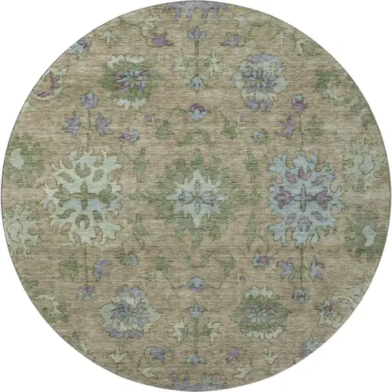 8' Brown And Lavender Oriental Washable Round Rug With UV Protection Photo 4