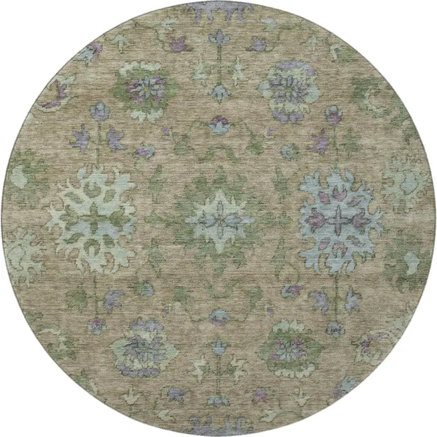 8' Brown And Lavender Oriental Washable Round Rug With UV Protection Photo 4