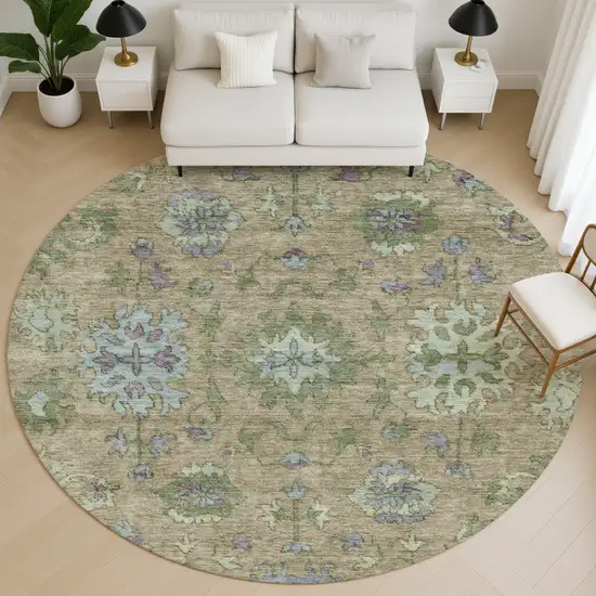 8' Brown And Lavender Oriental Washable Round Rug With UV Protection Photo 5