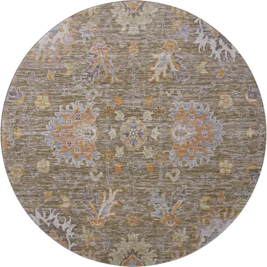 8' Brown And Lavender Oriental Washable Round Rug With UV Protection Photo 4