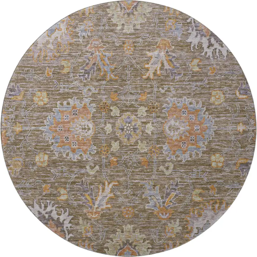 8' Brown And Lavender Oriental Washable Round Rug With UV Protection Photo 4