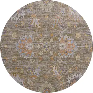 Photo of 8' Brown And Lavender Oriental Washable Round Rug With UV Protection
