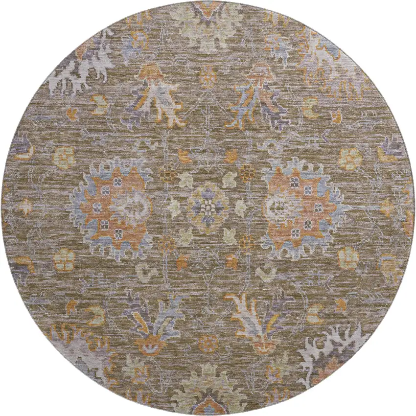 8' Brown And Lavender Oriental Washable Round Rug With UV Protection Photo 1
