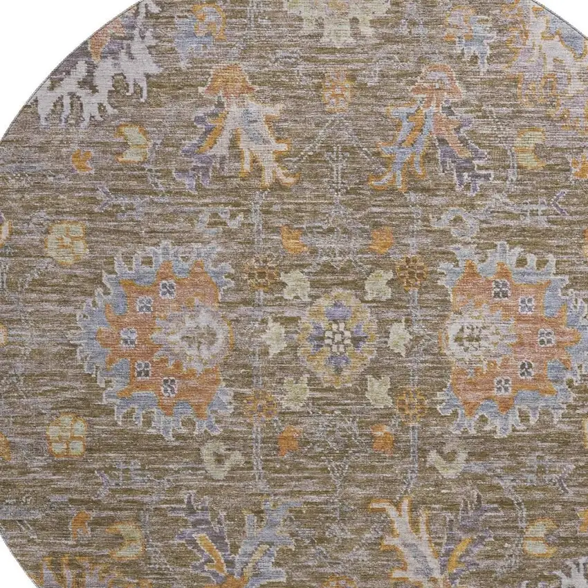 8' Brown And Lavender Oriental Washable Round Rug With UV Protection Photo 3