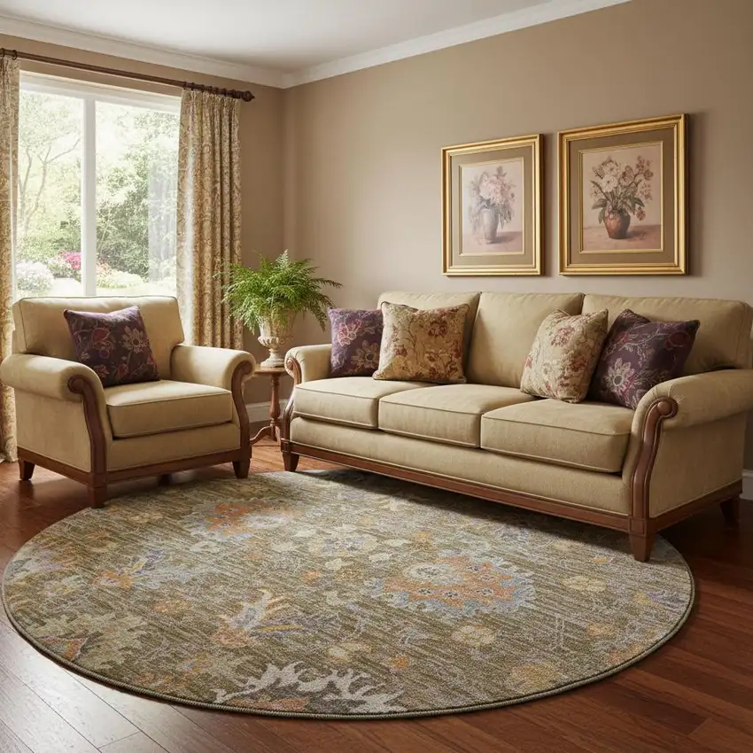 8' Brown And Lavender Oriental Washable Round Rug With UV Protection Photo 2