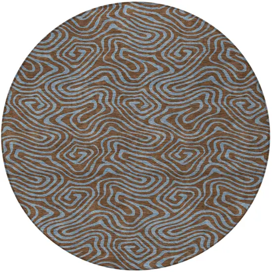 8' Brown And Light Blue Round Abstract Washable Indoor Outdoor Area Rug Photo 5