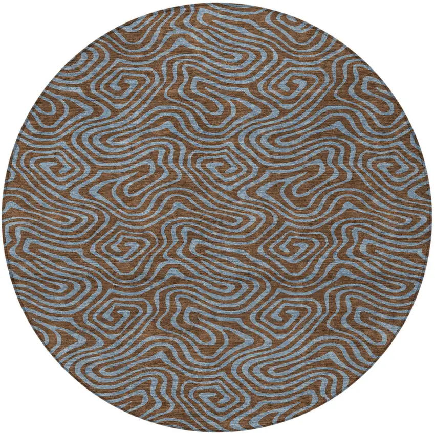 8' Brown And Light Blue Round Abstract Washable Indoor Outdoor Area Rug Photo 5