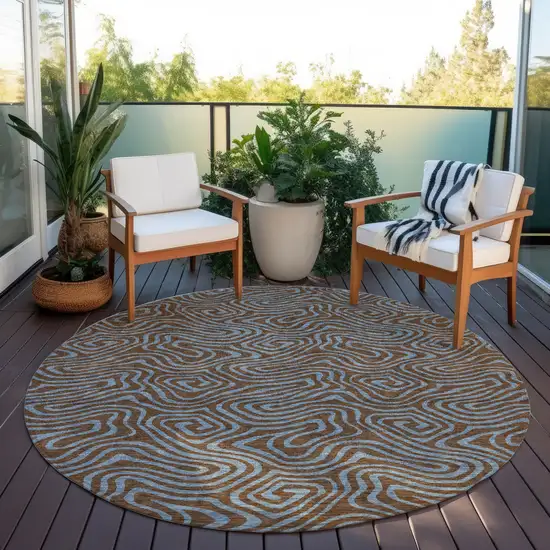 8' Brown And Light Blue Round Abstract Washable Indoor Outdoor Area Rug Photo 6