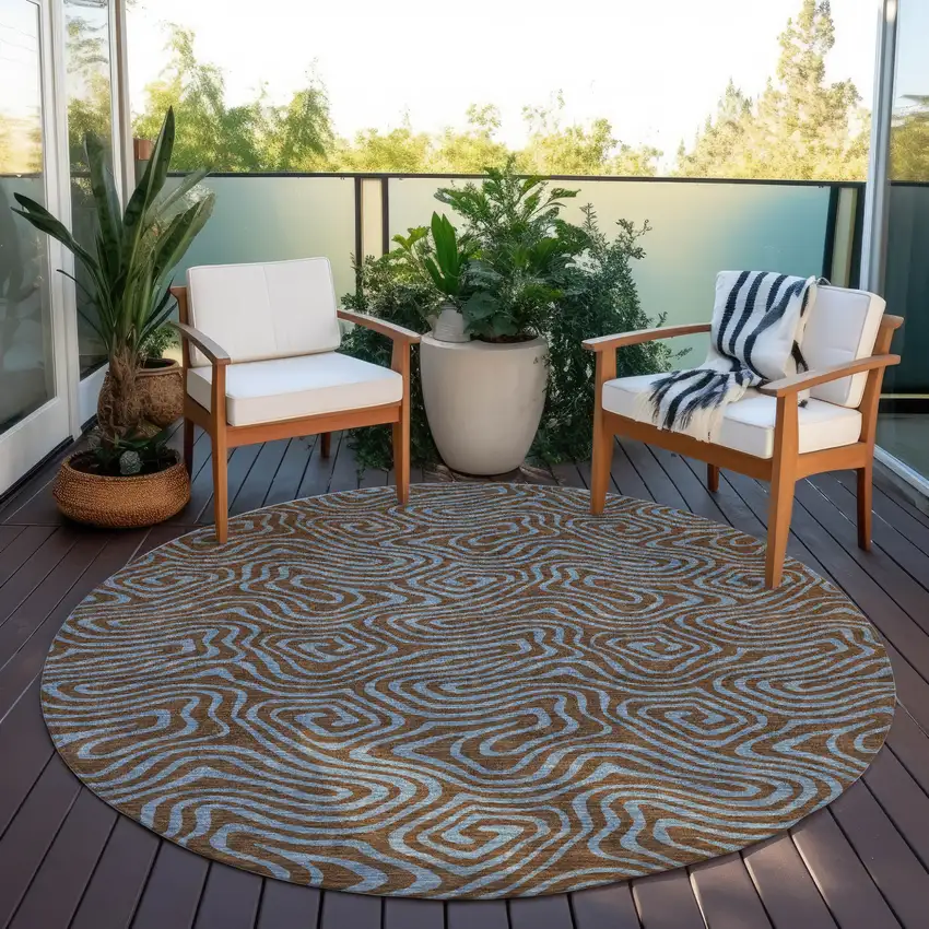 8' Brown And Light Blue Round Abstract Washable Indoor Outdoor Area Rug Photo 6
