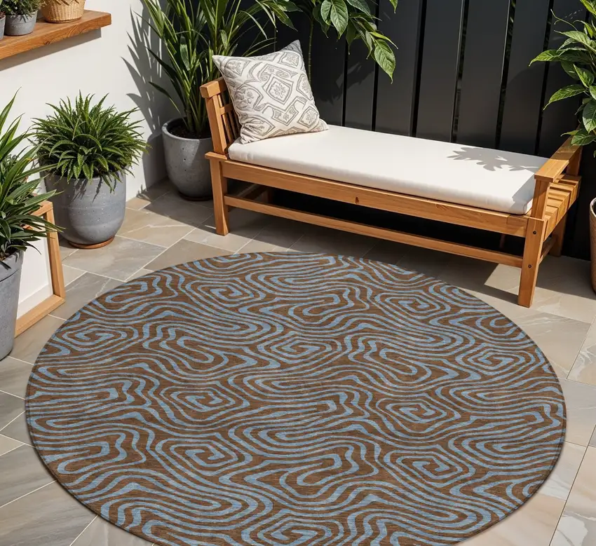8' Brown And Light Blue Round Abstract Washable Indoor Outdoor Area Rug Photo 1