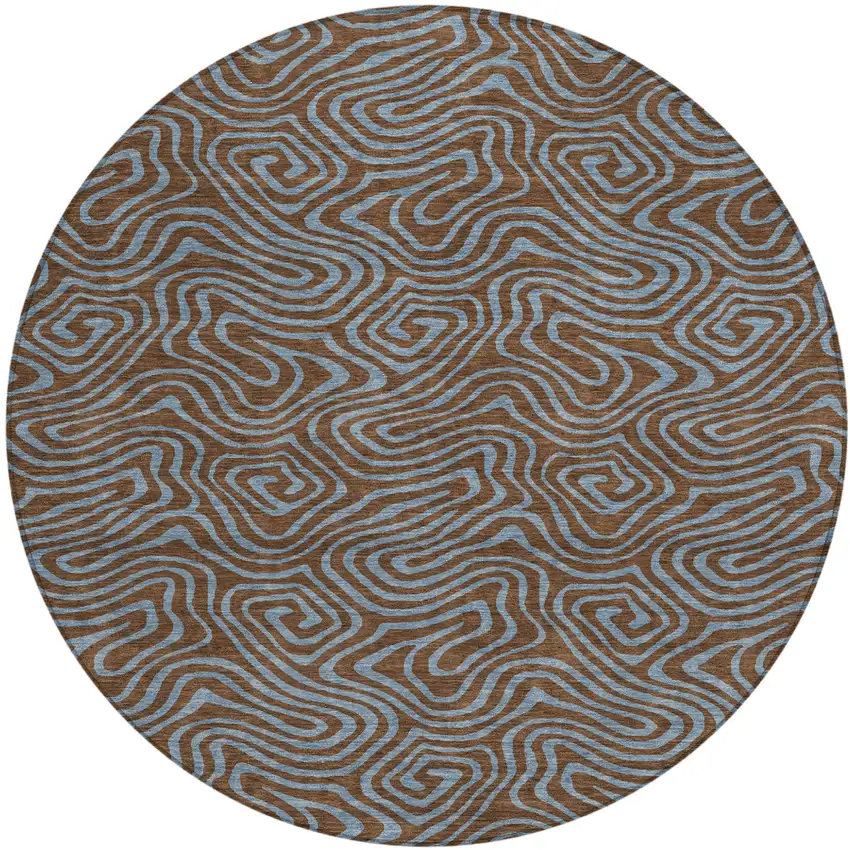 8' Brown And Light Blue Round Abstract Washable Indoor Outdoor Area Rug Photo 2