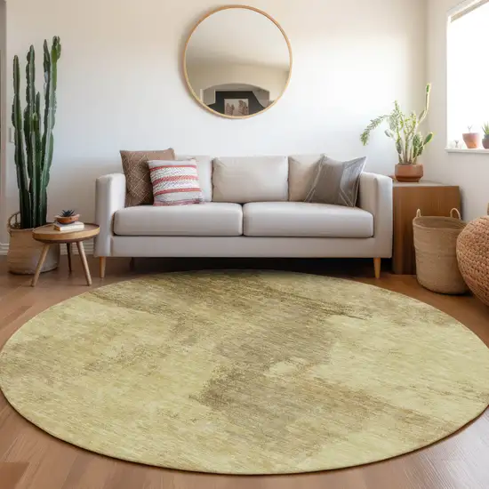 8' Brown And Light Yellow Round Abstract Washable Indoor Outdoor Area Rug Photo 8
