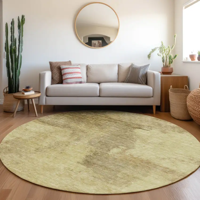 8' Brown And Light Yellow Round Abstract Washable Indoor Outdoor Area Rug Photo 8