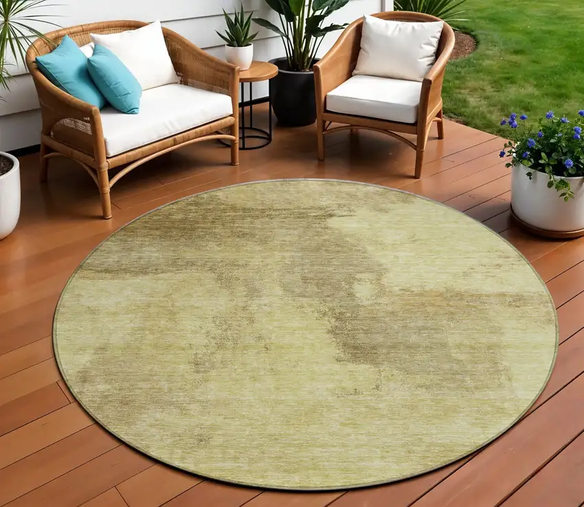 8' Brown And Light Yellow Round Abstract Washable Indoor Outdoor Area Rug Photo 1