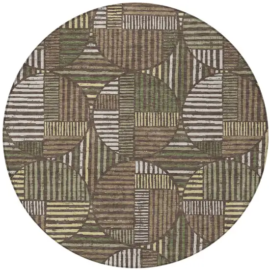 8' Brown And Linen Round Geometric Washable Indoor Outdoor Area Rug Photo 4