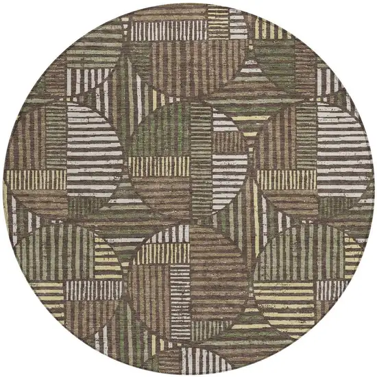 8' Brown And Linen Round Geometric Washable Indoor Outdoor Area Rug Photo 3