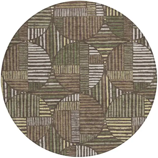 8' Brown And Linen Round Geometric Washable Indoor Outdoor Area Rug Photo 2
