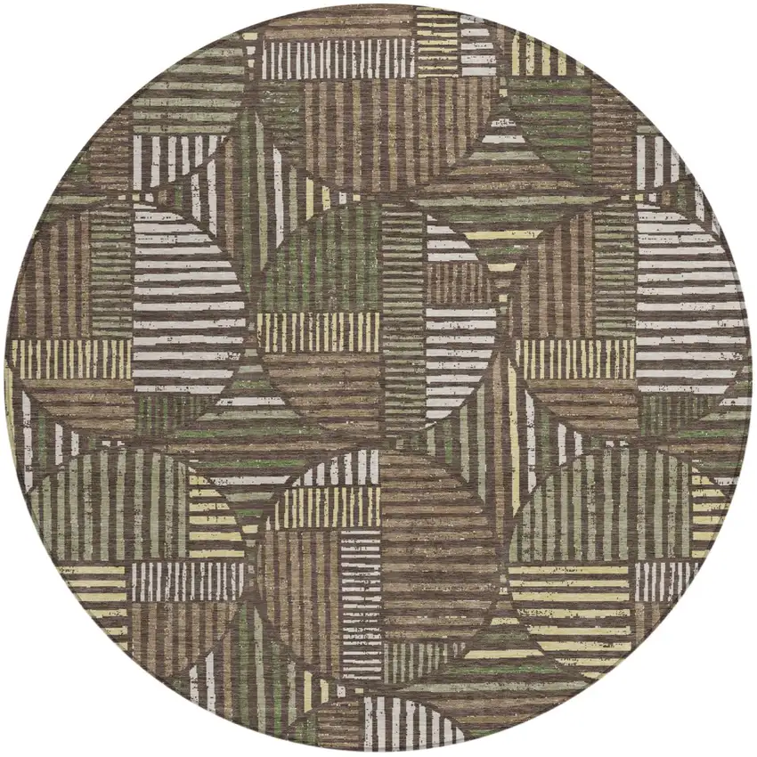 8' Brown And Linen Round Geometric Washable Indoor Outdoor Area Rug Photo 2