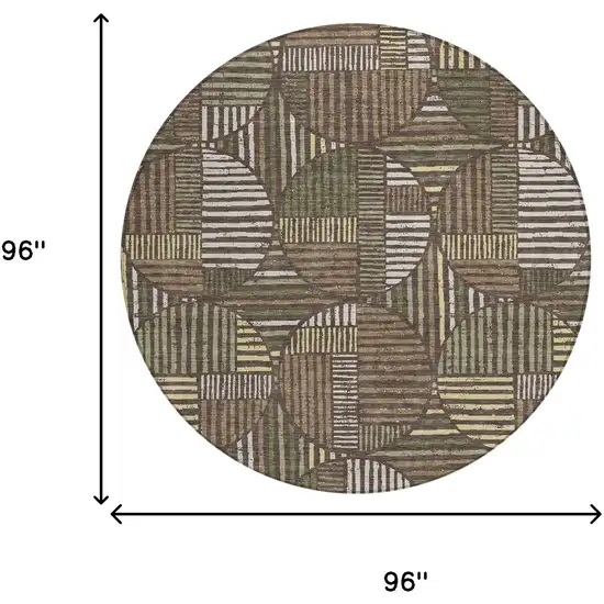 8' Brown And Linen Round Geometric Washable Indoor Outdoor Area Rug Photo 7