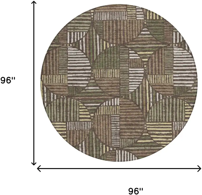 8' Brown And Linen Round Geometric Washable Indoor Outdoor Area Rug Photo 7