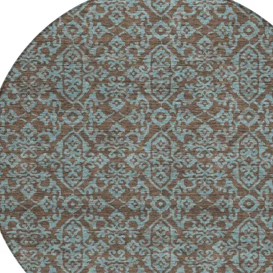 8' Brown And Linen Round Oriental Washable Indoor Outdoor Area Rug Photo 3