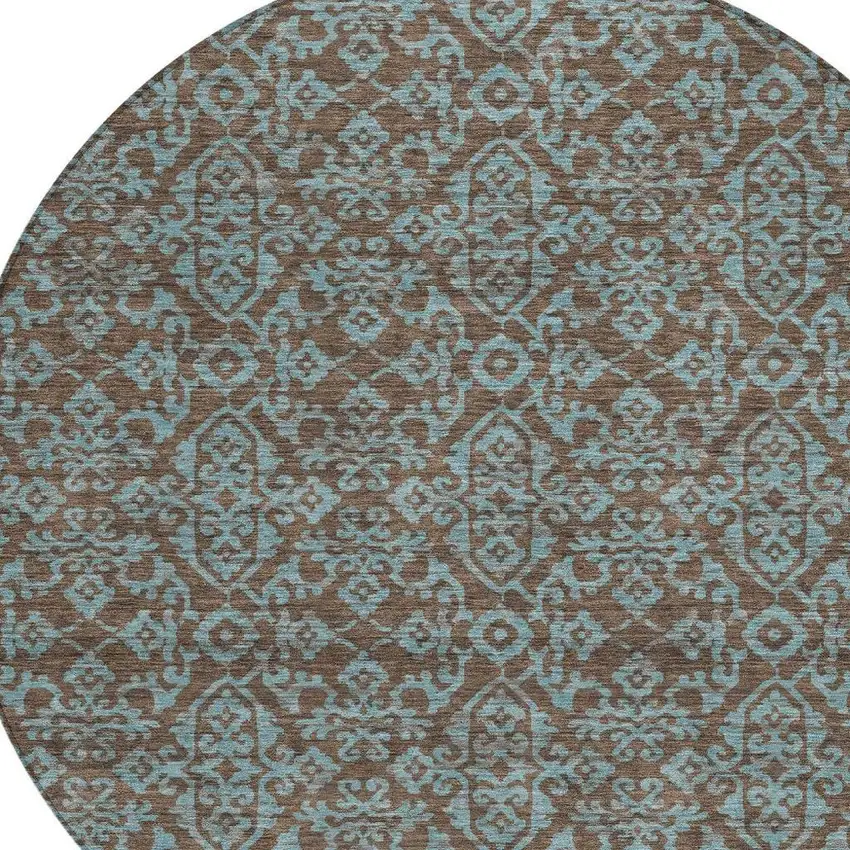 8' Brown And Linen Round Oriental Washable Indoor Outdoor Area Rug Photo 3