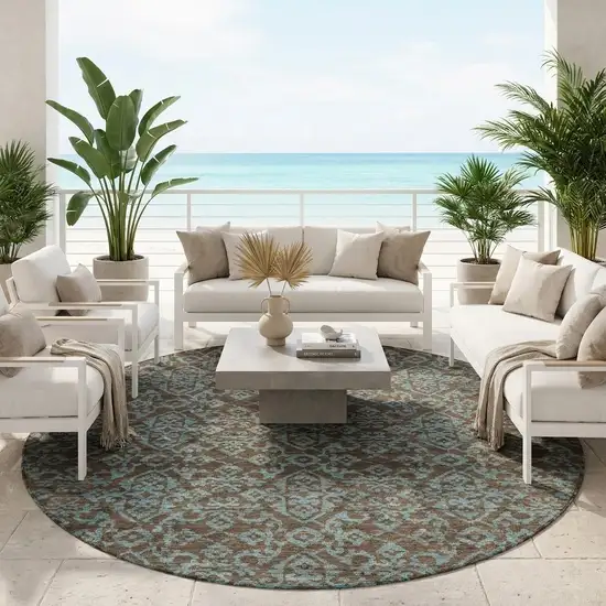 8' Brown And Linen Round Oriental Washable Indoor Outdoor Area Rug Photo 1