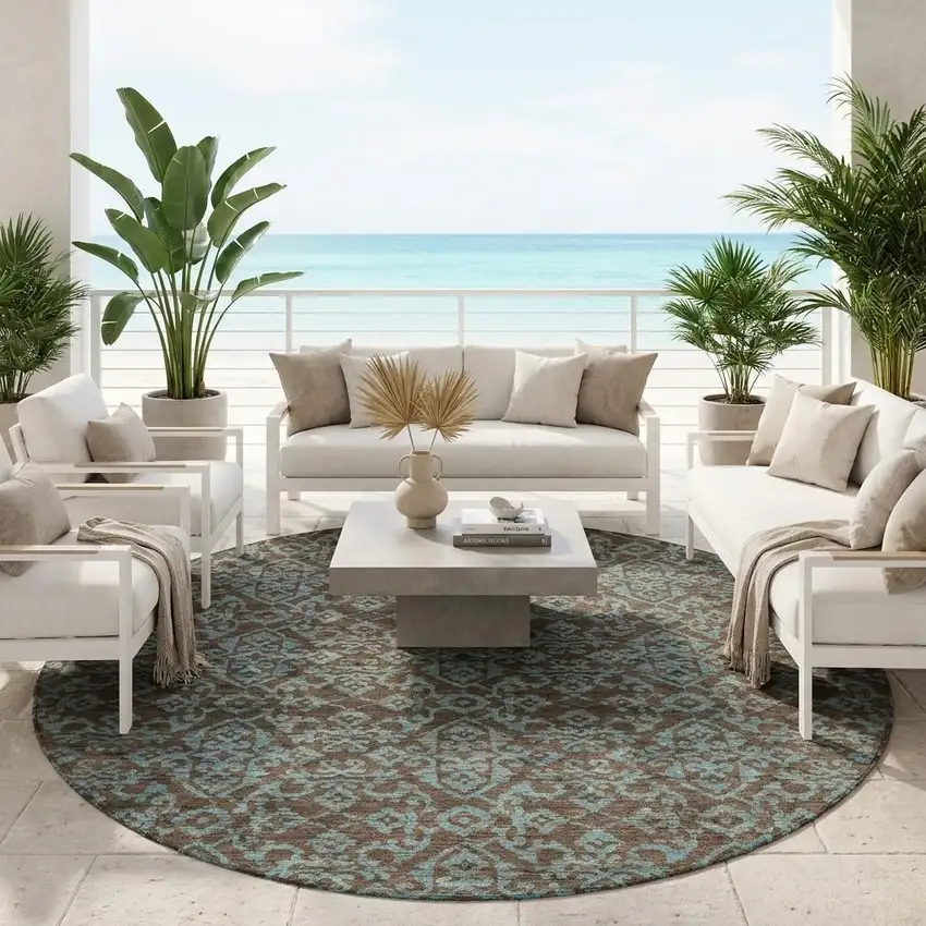 8' Brown And Linen Round Oriental Washable Indoor Outdoor Area Rug Photo 1