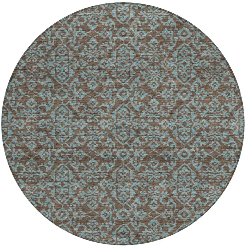 8' Brown And Linen Round Oriental Washable Indoor Outdoor Area Rug Photo 2
