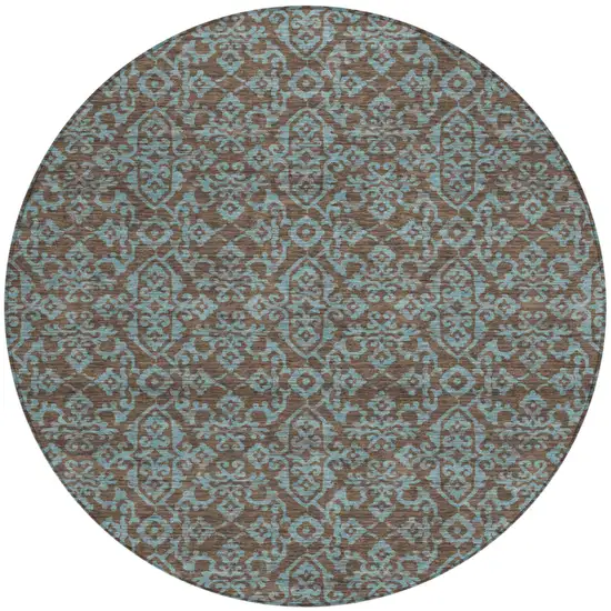 8' Brown And Linen Round Oriental Washable Indoor Outdoor Area Rug Photo 2