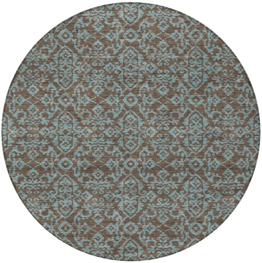 8' Brown And Linen Round Oriental Washable Indoor Outdoor Area Rug Photo 4