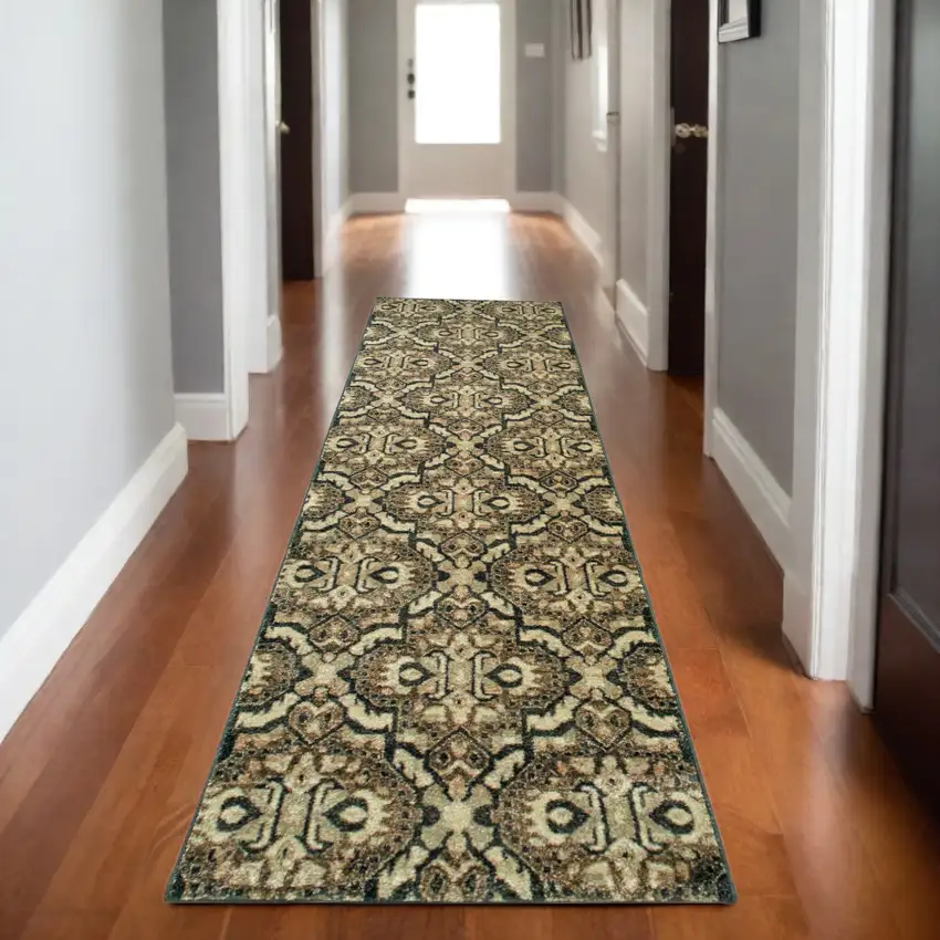 8' Brown And Navy Blue Geometric Runner Rug Photo 1