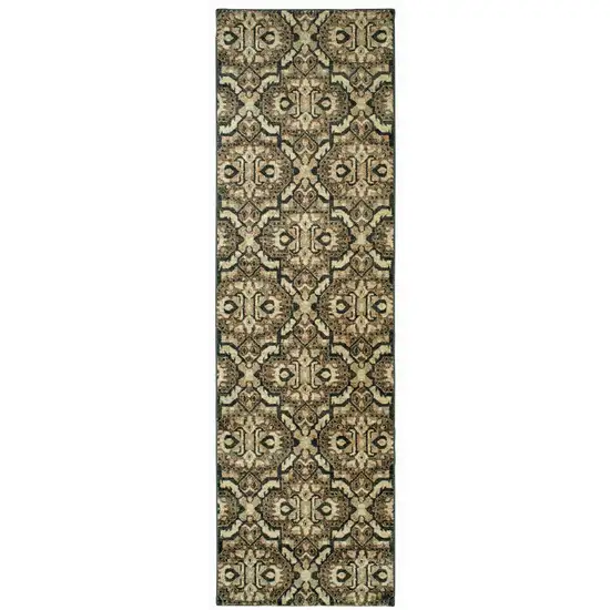 8' Brown And Navy Blue Geometric Runner Rug Photo 2