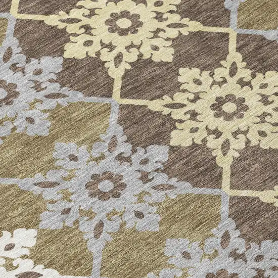 8' Brown And Pewter Round Floral Medallion Washable Indoor Outdoor Area Rug Photo 2