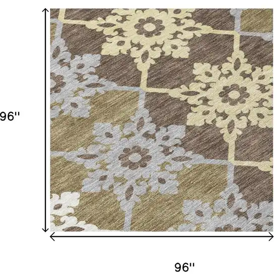 8' Brown And Pewter Round Floral Medallion Washable Indoor Outdoor Area Rug Photo 5