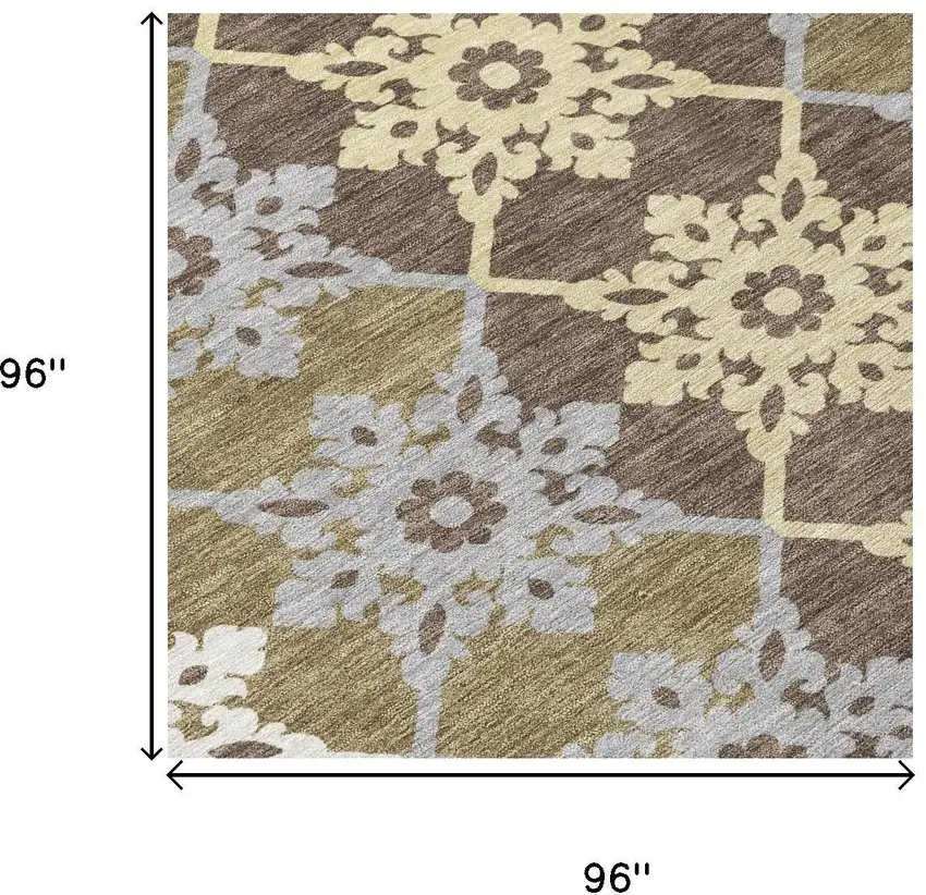8' Brown And Pewter Round Floral Medallion Washable Indoor Outdoor Area Rug Photo 5