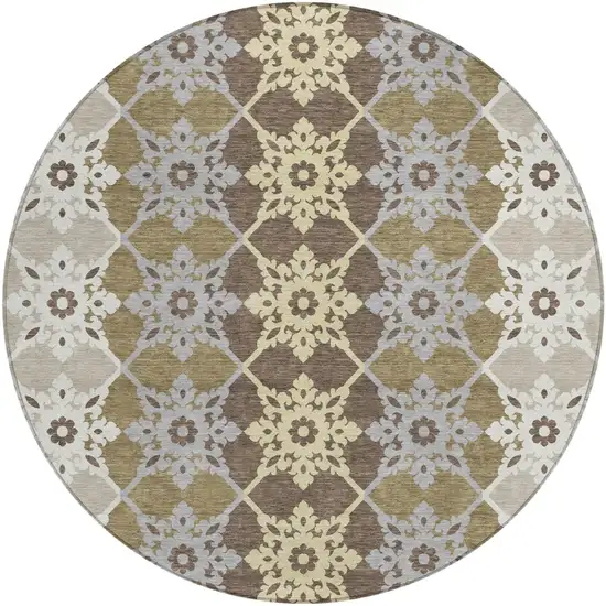 8' Brown And Pewter Round Floral Medallion Washable Indoor Outdoor Area Rug Photo 3