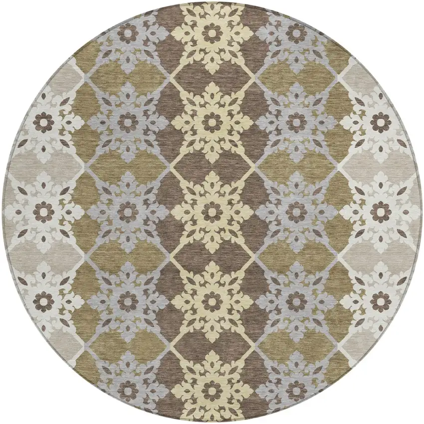 8' Brown And Pewter Round Floral Medallion Washable Indoor Outdoor Area Rug Photo 3
