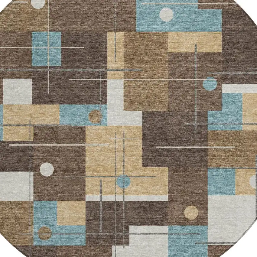 8' Brown And Pewter Round Geometric Washable Indoor Outdoor Area Rug Photo 3