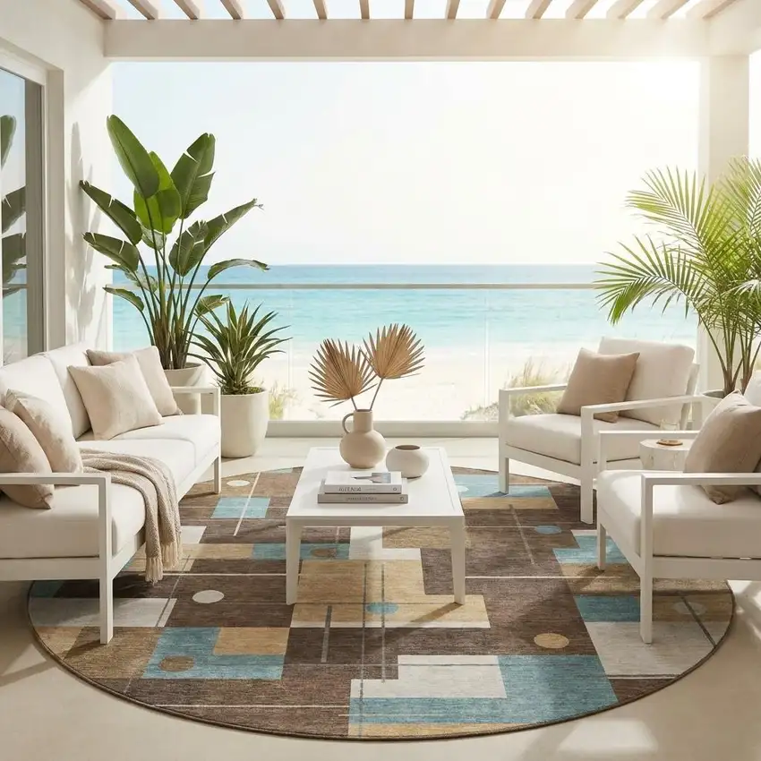 8' Brown And Pewter Round Geometric Washable Indoor Outdoor Area Rug Photo 1