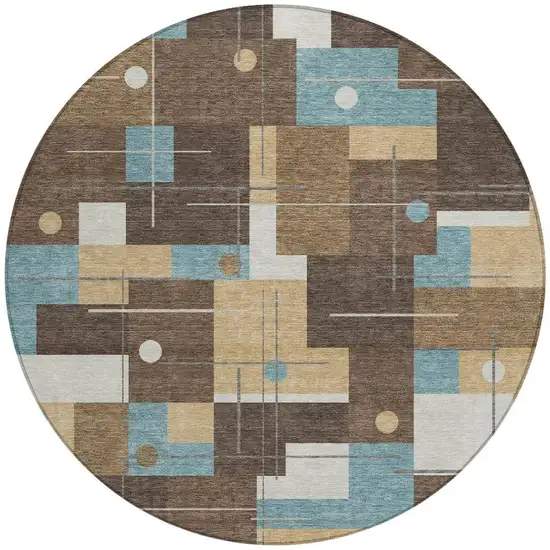 8' Brown And Pewter Round Geometric Washable Indoor Outdoor Area Rug Photo 4