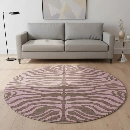 8' Brown And Pink Animal Print Washable Round Rug With UV Protection Photo 2